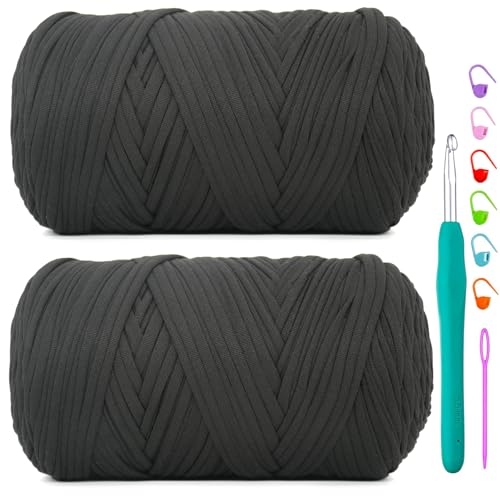 2 Pack Tshirt Yarn for Crochet,Black T Shirt Soft Elastic Fabric Chunky Thick T-Shirt Crochet Yarn for Crocheting Knitting Beginner Hand Knitting Bag/DIY Craft/Home Decor 2 * 400G-Black - color: Black, size: 2 PACK