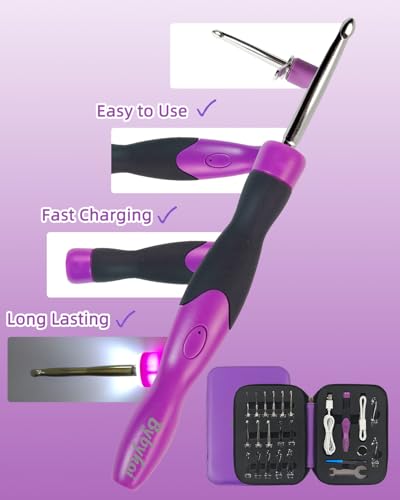 18 Sizes Lighted Crochet Hooks Set 2.0mm~14.0mm, Rechargeable Crochet Hook with Interchangeable Crochet Head, Light Up Crochet Hooks Set with 2 Levels Led for Beginner Knitting Kit Gifts - color: Purple - Glowing 18 Size