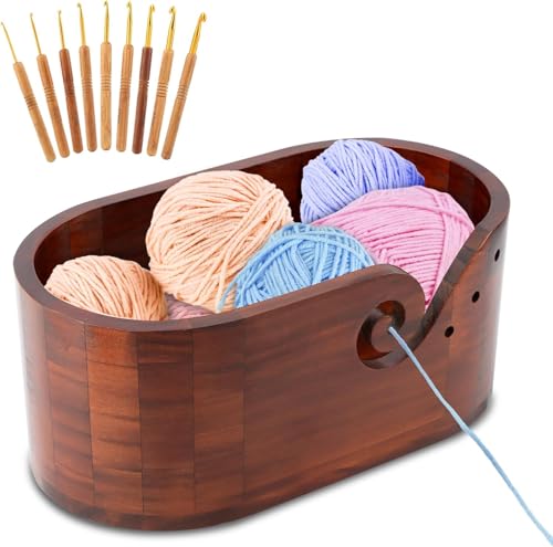 Oval Wooden Yarn Bowl,Knitting Yarn Bowl Holder with 9pcs Crochet Hooks,Large Yarn Storage Bowl for DIY Knitting & Crocheting Accessories Kit,Preventing tangles (11.3x4.7 inch)