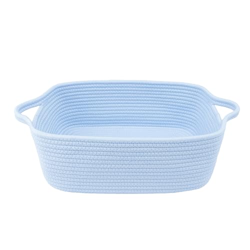 XUANGUO Medium Woven Cotton Rope Storage Basket with Handles, Blue | Small decorative rectangle storage bin for baby nursery items and cat toys; ideal as an empty gift basket or dog toy basket - color: blue