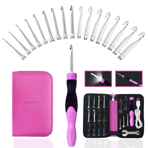 Yarniss 17 Size Lighted Crochet Hooks Set with USB Recharger 2.5~14.0 mm | Light Up Crochet Hook with Metal Head,Glow In Dark Better for Night Crocheting - color: Rose-17 Size with Light
