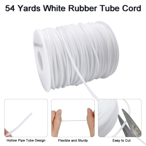Hollow Rubber Tube Cord 54 Yards 2mm White Stitch Keeper with 1mm Hole | Tubing Knitting Barber Cord Rubber Saver Hollow Rubber Pipe with Spool for Knitting Projects Jewelry Making Bead Creations - color: White