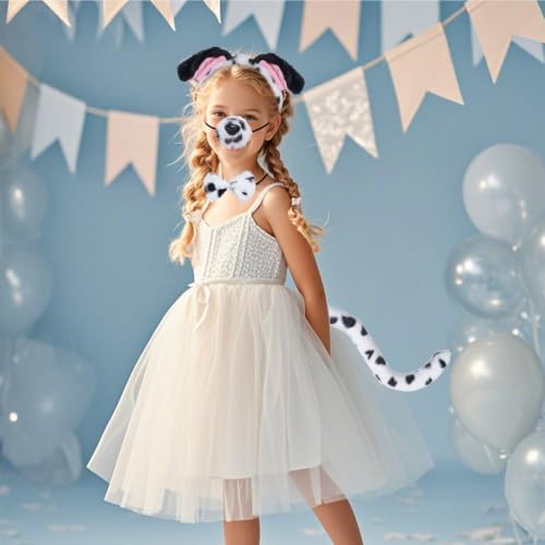 Jmkcoz 4 Pcs Dalmatian Dog Costume Set Puppy Dog Ears Headband and Tail Nose Bow Tie for 100 Days of School Halloween Cosplay - color: Black