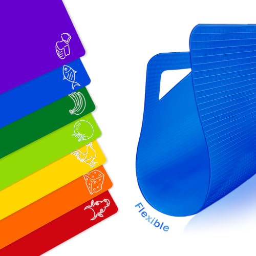 7 Pieces Plastic Flexible Cutting Boards for Kitchen, BPA- Free,15"x12" | Non Slip Cutting Mats with Food Icons, Easy-Grip Handles - color: Bright Colors