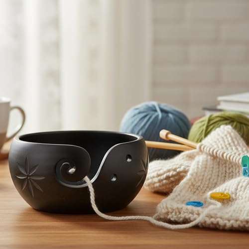 Handmade Wooden Yarn Bowl for Knitting & Crochet – Hand-Carved Yarn Holder with Swirl Cut & Anti-Slip Base | Portable Craft Organizer for Knitters & Crafters | Durable Natural Wood Storage Gift - color: Purple, size: 6" x 6" x 3"