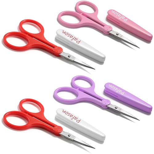 PAFASON Small Travel Sewing Crafting Scissors Set Straight Curved Tip | Stainless Steel for Quilting DIY Knitting Embroidery Cross Stitch Crochet Thread Yarn Paper Detail Cutting Safety Case - color: Straight 4in Pinkpurple + Curved 3.5in Red