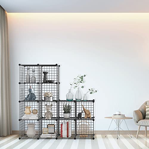 Wire Storage Cubes, Metal Storage Shelves Bookshelf, Stackable Modular Closet Organizer for Bedroom Living Room, Office, Black (12 Cubes, Iron) - color: Iron, size: 12 Cubes