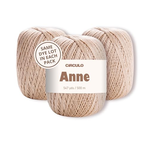 CIRCULO Anne Yarn Pack, 1641 yds for Knitting & Crochet, 3 Balls of 100% Mercerized Brazilian Virgin Cotton, Soft Fingering Weight, Color 7650 Almond - color: Earthy (7650 - Almond), style: 3-Pack