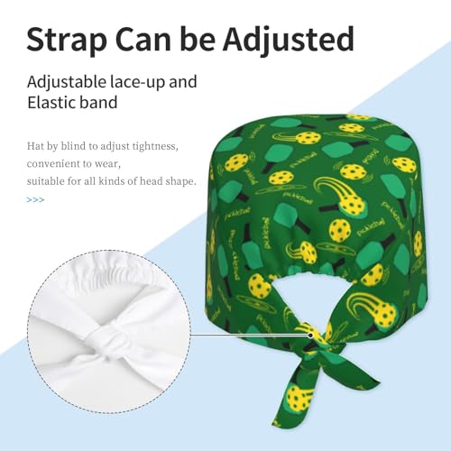 MOLIAN Dental Tooth Adjustable Working Cap Surgical Headgear for Women Men | Adjustable Tie Back Scrub Caps with Button Built-in Sweatband Working Cap for Nurses Doctors and Workers - color: Spin the Pickleball