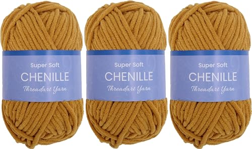 ThreadArt 3 Pack Chenille Yarn for Crochet, #5, Mustard 13 | Super soft plush chenille yarn for crochet, knitting, amigurumi, blankets and toys. Fluffy #5 weight, 50g/60yd skeins. - color: MUSTARD, size: 3 PACK