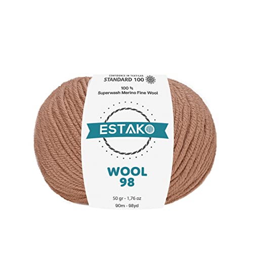 Estako Wool 98 100% Soft Superwash Merino Wool Worsted Weight Yarn, Clay | 1.76 oz, 98 yds, cyc 4 medium, aran, machine washable, 5 mm needles, 6 mm hook, 20 sts gauge - color: 6354 - Clay, size: 1 Skein