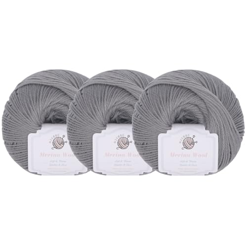 NICEEC 3 Skeins Soft Merino Wool Yarn- Gray | Soft & Warm, Finger Weight, Woolen Yarn for Crochet & Knitting, Total 5.3oz/606yds - color: Gray