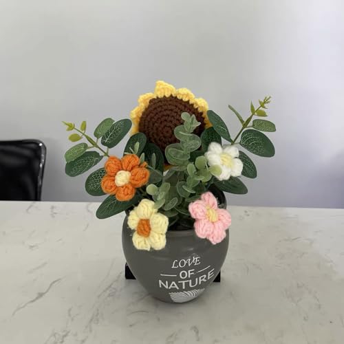 Crochet Flowers Bouquet, Handmade Knitted Bouquet, Crochet Bouquet Kit Knitted Fake Sunflower Daisy, Gift for Mother Wife on Birthday Anniversary (01Pink) - color: 01pink