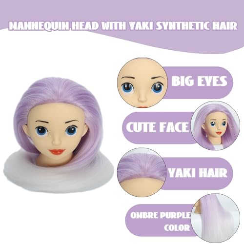 Mannequin Head with Hair 24" Cosmetology Manikin Doll Head for Styling Hairdresser Practice Braiding Training Head Practice Cosmetology with Free Clamp Holder Cute Face Big Eyes (Ombre Purple) - color: Ombre Purple