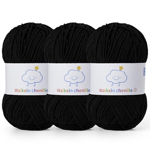 Fluffy Chenille Yarn for Crocheting，Baby Yarn for Crocheting Soft，3 Pack of 100g/3.5oz Velvet Amigurumi Yarn ，Fingering Weight Yarns for Crocheting Baby Blankets、DIY Craft.(3 Black) - color: 3 Black