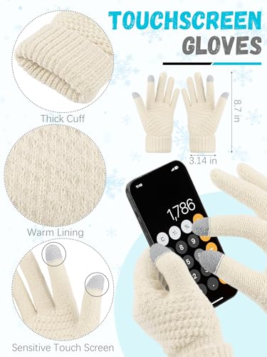 LOROME Winter Beanie Hat Scarf Gloves, Warm Fleece Knit Neck Scarf Set Gift | Hats Gloves Scarf Set, Touchscreen Gloves, Universal Size Neck Scarf Set Winter Gifts for Unisex Adult Winter Wear - color: Beige