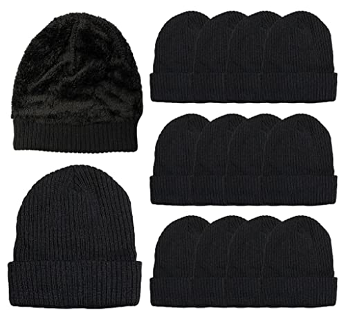 Yacht & Smith Wholesale Beanie and Glove Winter Bulk Kit, Kids Adults Bulk Sets, Homeless Donation Shelters - color: 12 Pack Adults (Black Faux Fur Sherpa)