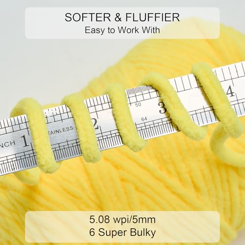 Chunky Chenille Yarn #6 Super Bulky Soft Fluffy Crochet | Easy care & beginner-friendly. Choose 0.66lb or 1.76lb. Perfect for blankets, hats, scarves, home decor. Machine washable. - color: Yellow, size: 1.76LB/569yds