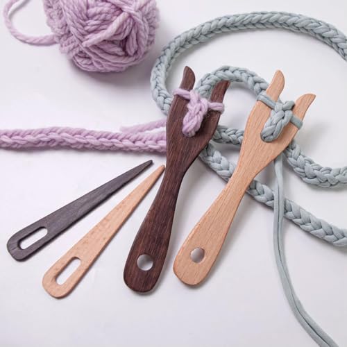 Lucet Fork 2 Pack, Wooden Knitting Fork & Eye Weaving Needles Kit | for Braiding, DIY Craft Tools for Bracelets, Necklaces, Cords and Tassels - color: Yellow