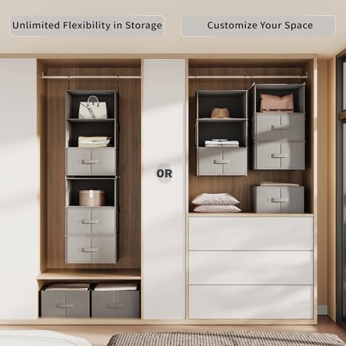 6-Shelf Hanging Closet Organizer with 3 Drawers, Separable, Medium Gray | Converts into Two 3-Shelf Organizers, Foldable Drawers, Side Pockets, Ideal for Wardrobe, Nursery, Dorm & Closet Storage - color: Medium Gray, size: 6-Shelf Separable