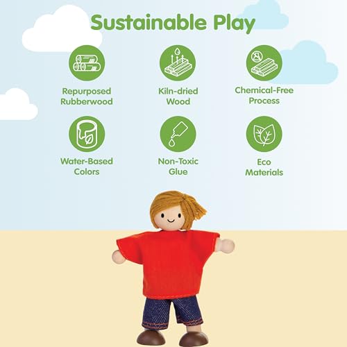 PlanToys® Boy Dollhouse Wooden Figurine Poseable 1:12 Scale 4-Inch Doll | son character, doll house people accessories, bendable arms, kids pretend play, girls storytelling gift ages 3+ for boys - color: Caucasian Boy