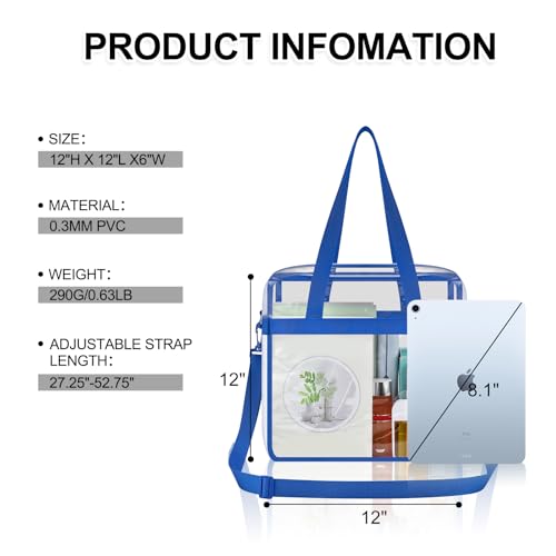 Clear Bag for Stadium Events 12×6×12 Clear Tote Bag | See Through Bag with Removable Shoulder Strap for Concert,Sport,Festival - color: Blue, style: Main Pocket Only