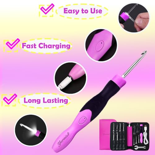 Yarniss 17 Size Lighted Crochet Hooks Set with USB Recharger 2.5~14.0 mm | Light Up Crochet Hook with Metal Head,Glow In Dark Better for Night Crocheting - color: Rose-17 Size with Light