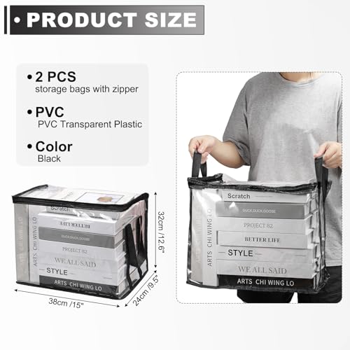 PATIKIL 15x9.5x12.6in Clear Storage Bags, 2PCS Plastic Storage Bags Clear Small Zippered Organizers Foldable Closet Bed Sheet Organizer Cube with Zipper for Book Clothes Yarn,L, Black - color: Black, size: L