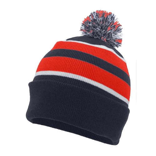 Pacific Headwear Unisex Adult Pacific Headwear Knit Fold Over Pom-pom Beanie - color: Navy/Red/White