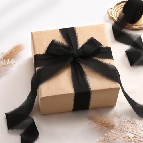 DORIS HOME Handmade Frayed Fringe Chiffon Ribbon 1" x 21Yd Black | Fabric Ribbon, For Flower Bouquet/Gift Wrapping/Wedding Invitations/Halloween Decorations/Party Decor - color: Black