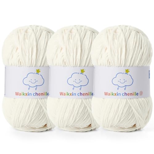Fluffy Chenille Yarn for Crocheting，Baby Yarn for Crocheting Soft，3 Pack of 100g/3.5oz Velvet Amigurumi Yarn ，Fingering Weight Yarns for Crocheting Baby Blankets、DIY Craft.(3 Milky White) - color: 3 Milky White