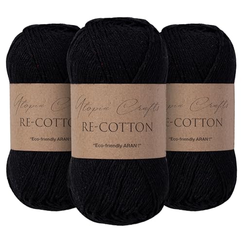 Re-Cotton Knitting Yarn 3X 100g / 3.52oz (Black, 3 Pack) - color: Black