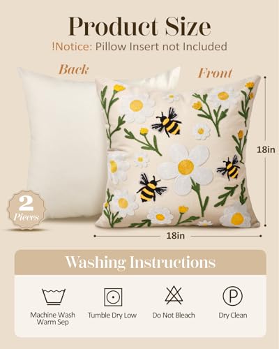 Embroidered Throw Pillow Covers 18x18 Inch, 2Pack, Flower Bee | Decorative Pillow Covers Set of 2, Farmhouse Cushion Cases with Hidden Zipper, Floral Decor for Couch, Sofa, Living Room - color: Flower Bee, size: 18" x 18" (Pack of 2)