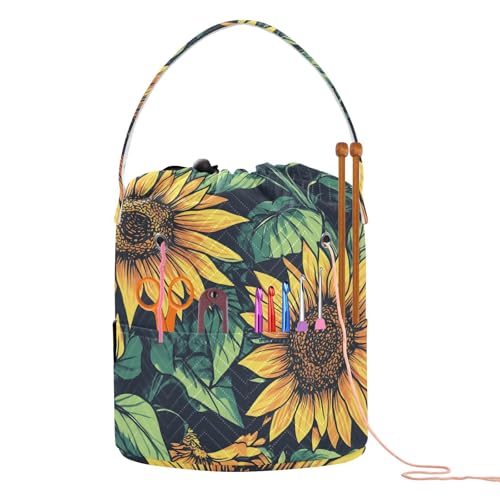 Fustylead Retro Vibrant Yellow Sunflower Large Yarn Storage Tote Basket, Knitting Crochet Drawstring Organizer Bag for Crocheting Project, Yarn Balls, Needles Accessories - color: Blue11 Sunflower