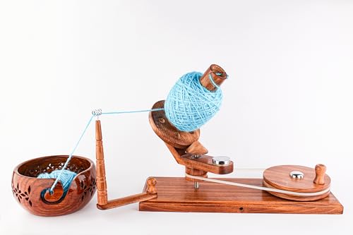 WARESHIRE Yarn Bowl and Ball Winder Combo Wooden Handmade Hand Operated | Natural Yarn Ball Winder Large Center Pull Cake with Wooden Yarn Bowl 6x3 inches | Yarn Ball Holder (Bowl+Antique) - color: Bowl+Antique