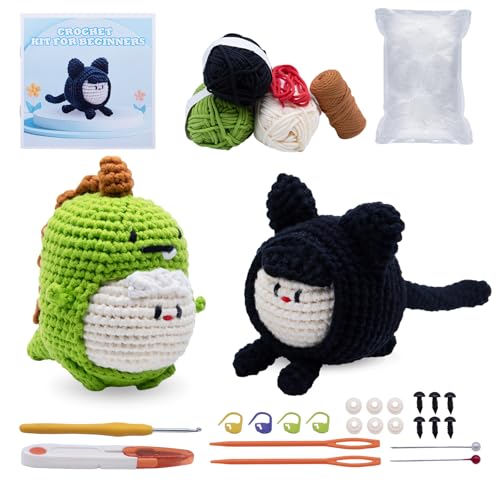 EOKPHULL Crochet Kit for Beginners, Easy Crochet Animal Set Knitting Kit for Adults with Step-by-Step Video Tutorials and Paper Instructions - color: Dinosaur, Cat