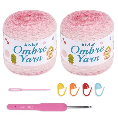 Alvian Ombre Crochet Cake Yarn for Crocheting, 2 Large Skeins Gradient Cake Yarn 200g (7.05 oz) 380m (415 Yards), Ombré Yarns Cake Rainbow Cotton Yarn for Blankets, Scarves, Shawls (Pink) - color: Pink
