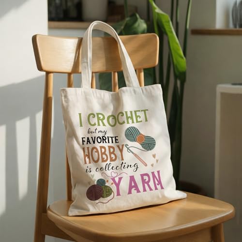 Crochet Yarn Canvas Tote Bag for Women, Funny Knitting Crochet Gifts | Reusable Grocery Shoulder Bag for Crocheters, Knitting Supplies Yarn Bags