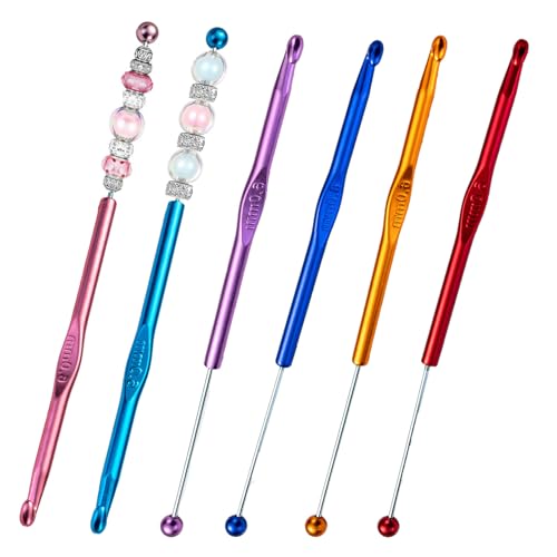 6 Pack DIY Beadable Crochet Hooks Knitting Needles Set Aluminum Handle for Focal Beads Colors (Blue Purple Red Orange Pink Light Blue, 6 mm) - size: 6 mm