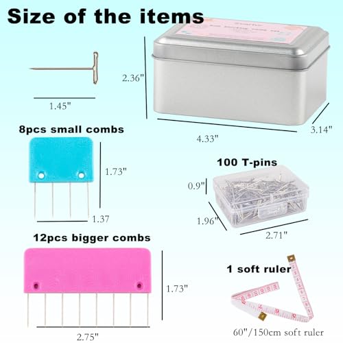 Crochet Blocking Pin Kit, with 20 Knit Blocking Combs &100 T-Pins and Tin Case, Rainbow Knitting Block Pins for Blocking Mats, Multicolor, White - size: Multicolor, 1 Pack