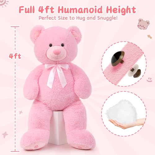 MorisMos 47inch Giant Teddy Bear Stuffed Animal 4ft, Big Teddy Bear Plush for Baby Shower, Cuddly Large Stuffed Bear Gifts for Kids, Girls, Girlfriend, Women on Valentine, Christmas, Birthday（Pink） - color: Pink, size: 4 ft