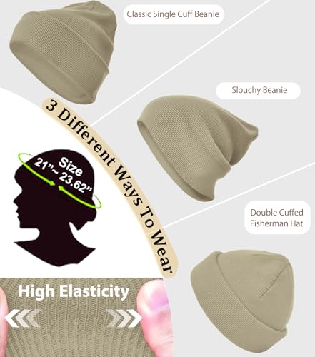 100% Cotton Beanie Hat Winter Hats Women Men Warm Knit Beanies | Double Layer Warmth ,Ultra-Soft Itch-Free Pure Cotton Knitted, Cuffed & Uncuffed Fisherman Slouchy Skull Cap for Womens Mens - color: 1pcs Light Khaki