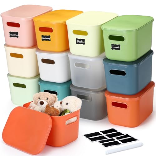 Thyle 12 Pack Classic Color Storage Bins with Lids for Classroom | Stackable with Handles and Labels, Organizer for Toy Craft Classroom Storage, Shelf Bedroom Organizing, 10x7x6 Inch - color: Classic Color