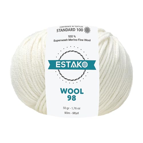 Estako Wool 98 100% Superwash Merino Wool Worsted Weight Yarn, Off White | 1.76 oz, 98 yds, cyc 4 medium, aran, machine washable, 5 mm needles, 6 mm hook, 20 sts gauge, crocheting, sweaters - color: 6147 - Off White, size: 1 Skein