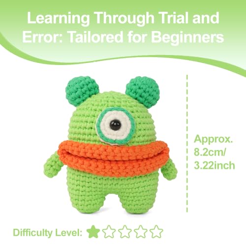 Autglint Monster Crochet Kit for Complete Beginners, Amigurumi Animal Starter Kit with Detailed Video Tutorials, Learn to Crochet Kit with Non-Split Pre-Started Yarn - Green Monster - style: Monster