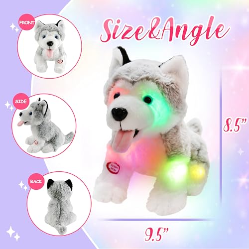 Light up Husky Dog Stuffed Animal Soft Glowing Plush Puppy Toy | Led Lights Day Children Birthday Toddler Kids Night Beautiful Decorative Festive - color: Husky