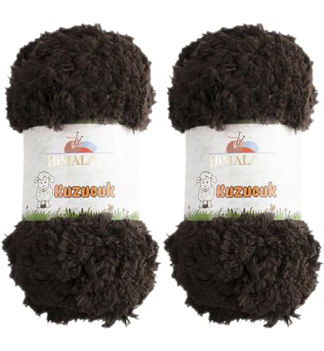 Himalaya Kuzucuk 2 Pack of Super Bulky Faux Fur Yarn 100% Polyester for Baby Blanket Chunky Thick Super Soft Plush Yarn for Crochet, Fluffy Yarn for Knitting (7.05 oz, 87 yds Each Skein) col.85621 - color: Dark Chocolate
