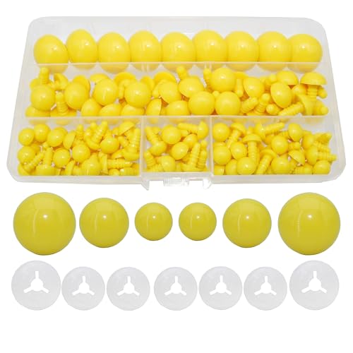 Thalinfayi 200pcs 10/15/24mm Safety Eyes and Washers for Amigurumi Crochet | Yellow Plastic Crochet Craft Eyes for Stuffed Plush Animals, Crafts, Crochet Doll DIY Making Supplies ; Neatly Sorted by Size - color: Yellow