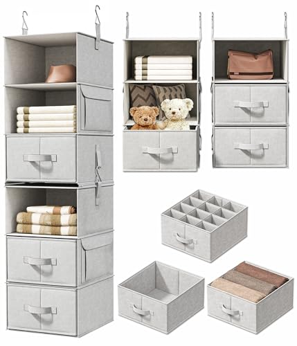 6-Shelf Hanging Closet Organizer with 3 Drawers, Separable, Silver Gray | Converts into Two 3-Shelf Organizers, Foldable Drawers, Side Pockets, Ideal for Wardrobe, Nursery, Dorm & Closet Storage - color: Silver Gray, size: 6-Shelf Separable
