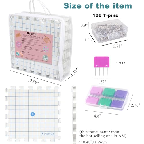 Svartur Interlocking Blocking Mat for Knitting and Crochet Projects, 9 Pack Knitting Blocking Mats with Blocking Comb Pins, T-pins, Crochet Blocking Board, Knitting Mat with Grid Line, Storage Bag - color: White-9Pack